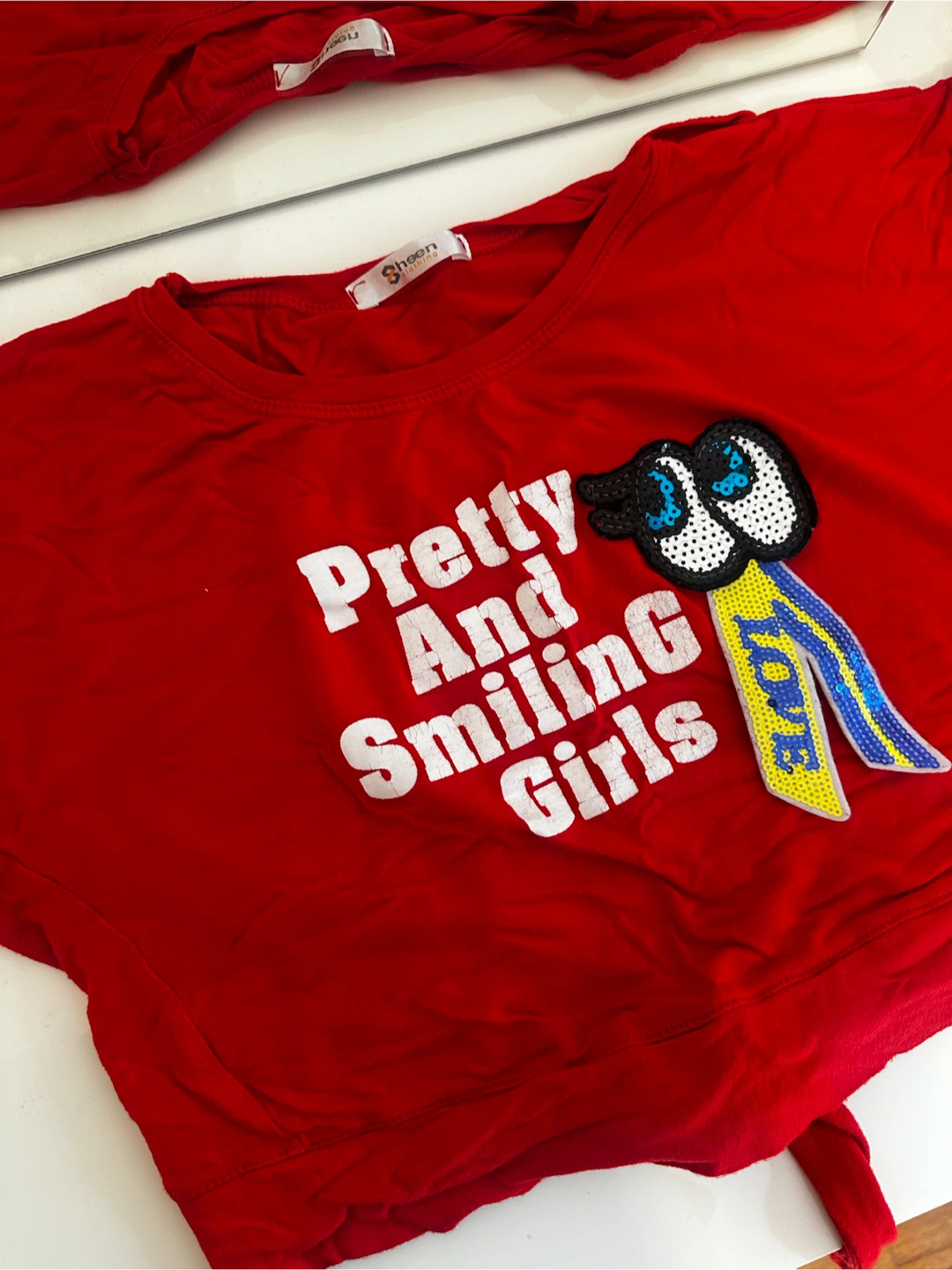 Red "Pretty And Smiling Girls" T-Shirt with Sequins