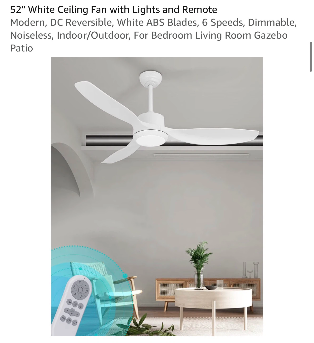 52" White Ceiling Fan with Lights and Remote 528