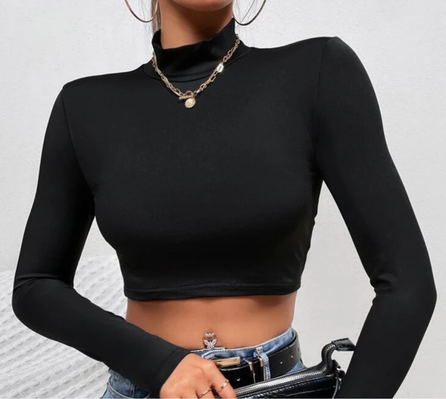 Black Cropped Mock Neck Top