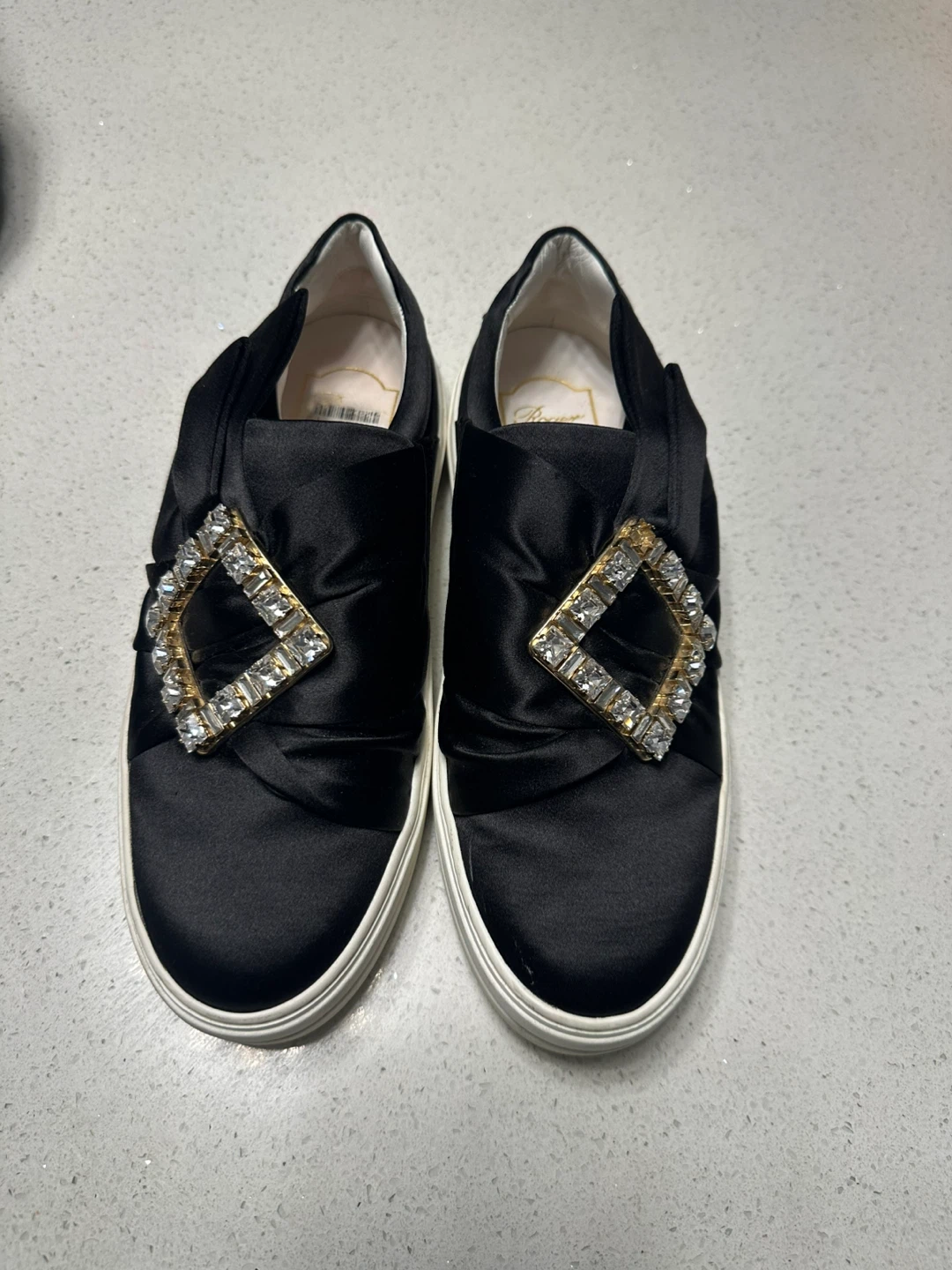 Roger Vivier Black Satin Bow Sneakers with Crystal Buckle