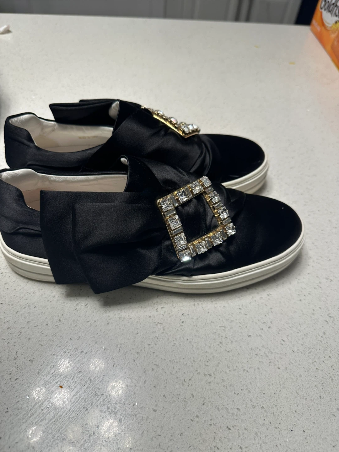 Roger Vivier Black Satin Bow Sneakers with Crystal Buckle - photo 2