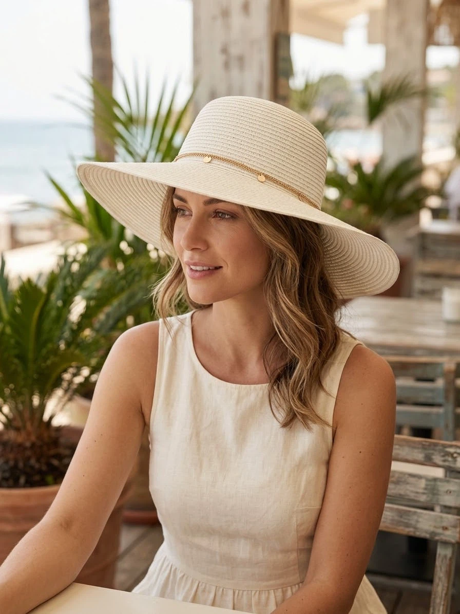 White Wide Brim Sun Hat with Gold Chain Detail