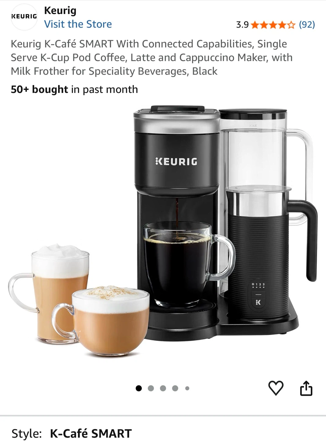 Keurig K-Café SMART Coffee Maker with Milk Frother, Black