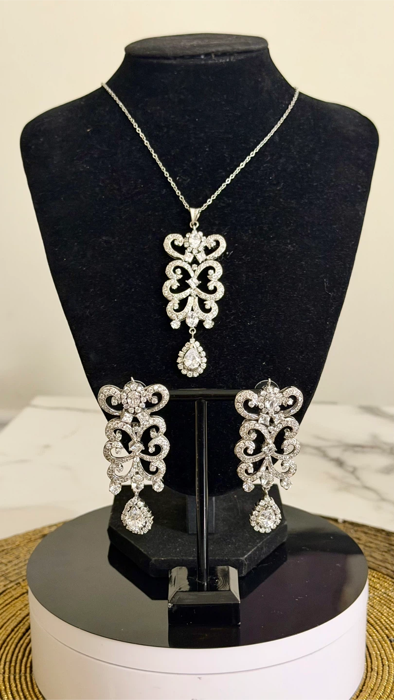 Rhodium plated AD Necklace and Earring Set