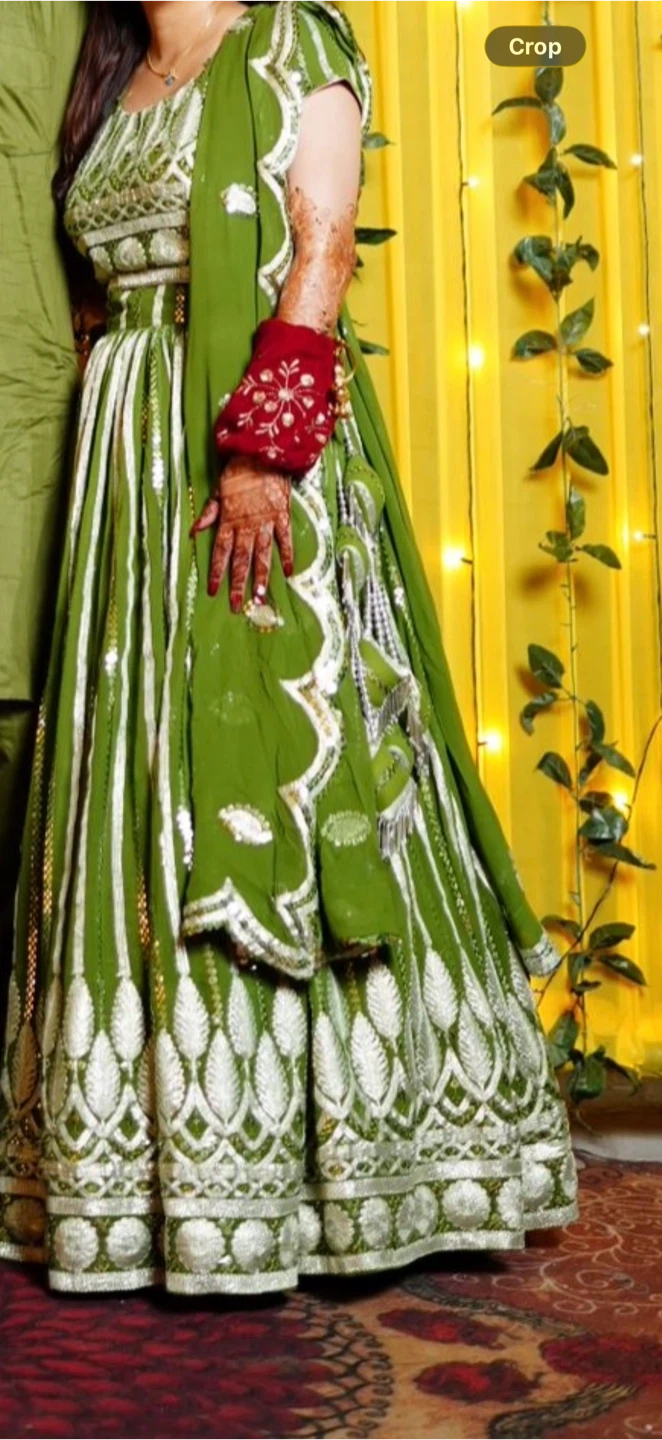 Green Embroidered Lehenga Skirt with Silver Stripes