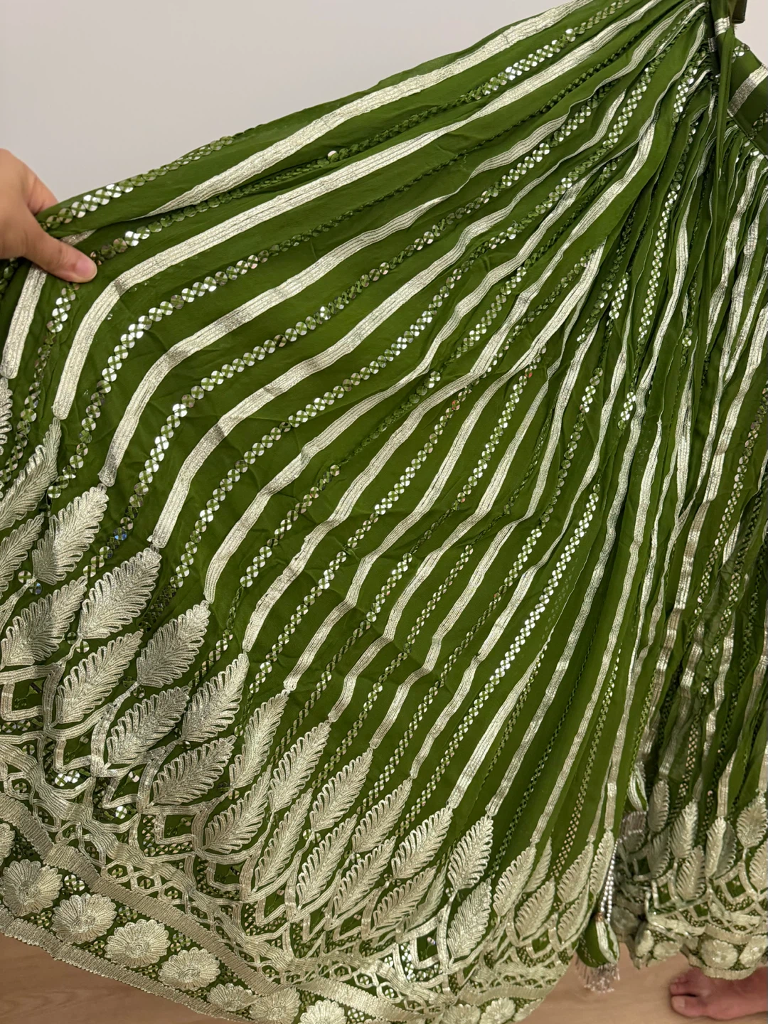 Green Embroidered Lehenga Skirt with Silver Stripes - photo 2