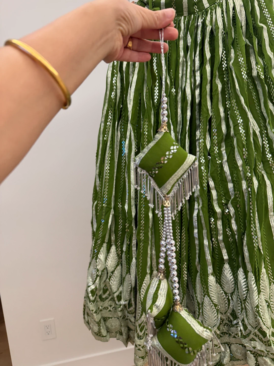 Green Embroidered Lehenga Skirt with Silver Stripes - photo 3