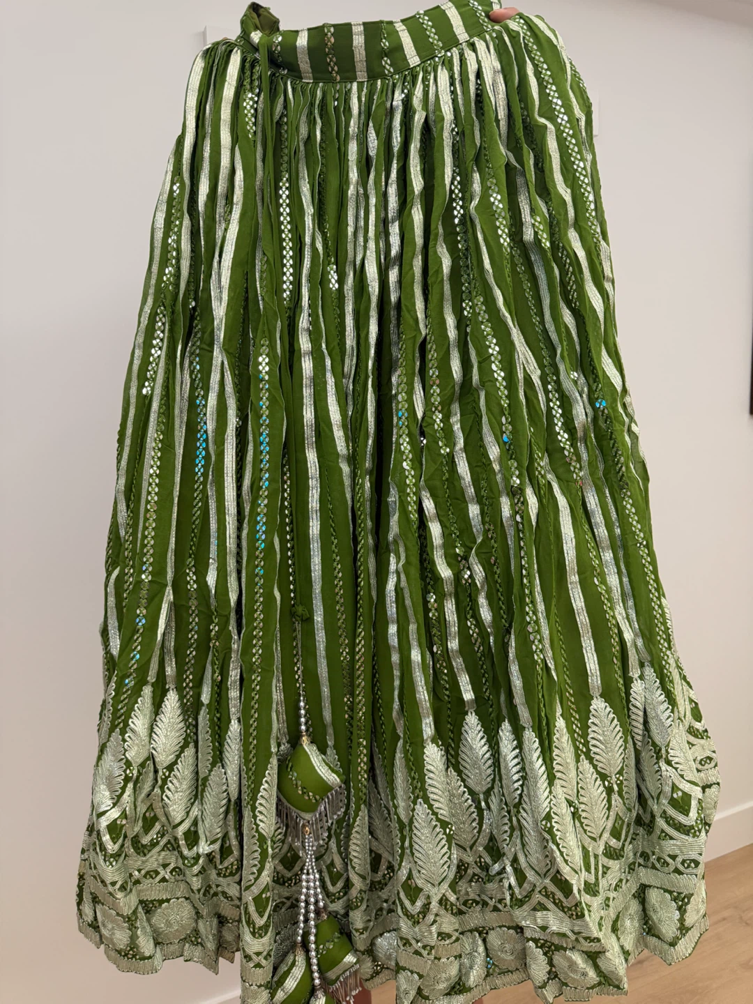 Green Embroidered Lehenga Skirt with Silver Stripes - photo 4