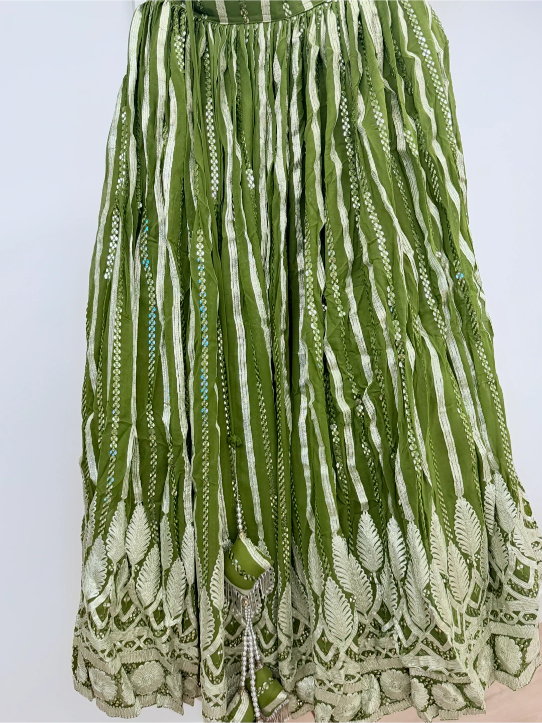 Green Embroidered Lehenga Skirt with Silver Stripes - photo 5