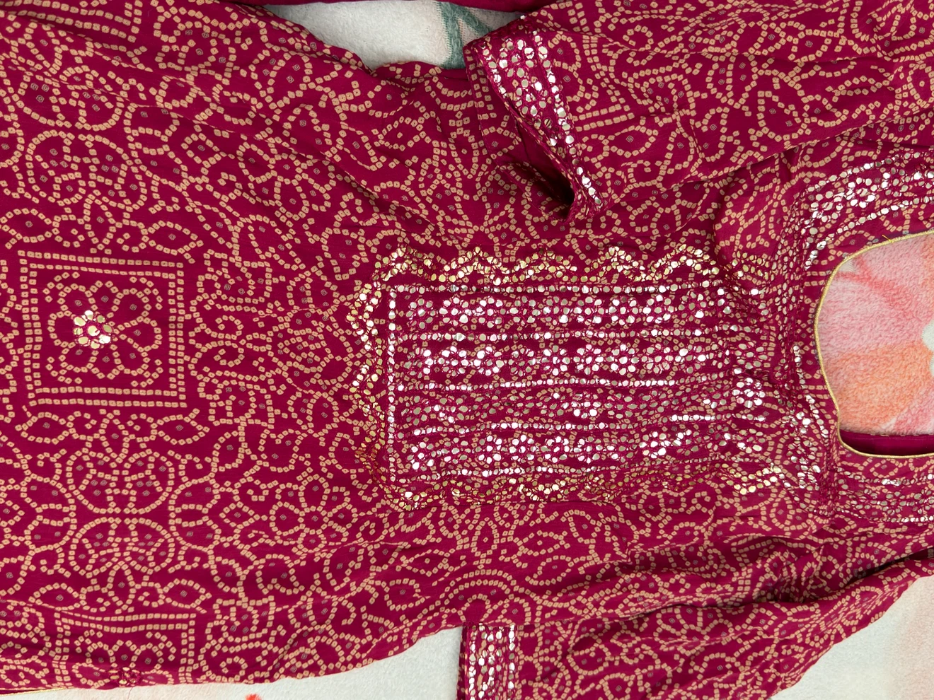 Pink Bandhani Print Kurti with Sequins and Dupatta