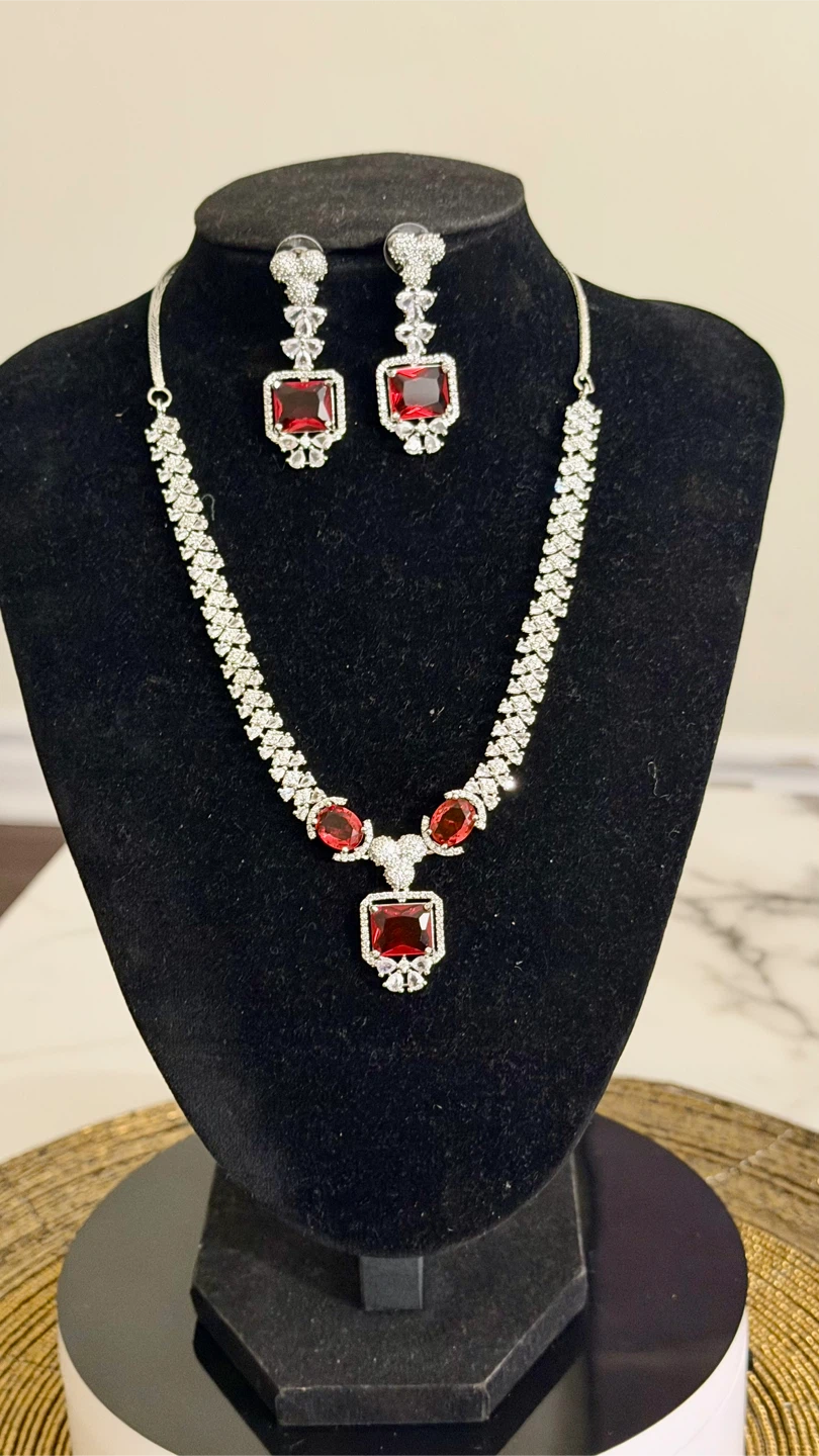 Red Gemstone Necklace and Earrings Set