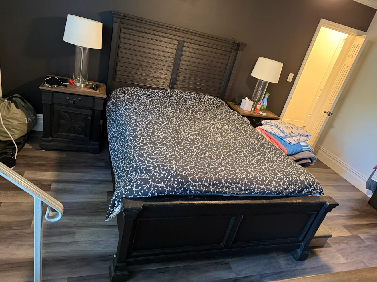 Black Wood Nightstand with Drawer and Cabinet - photo 2