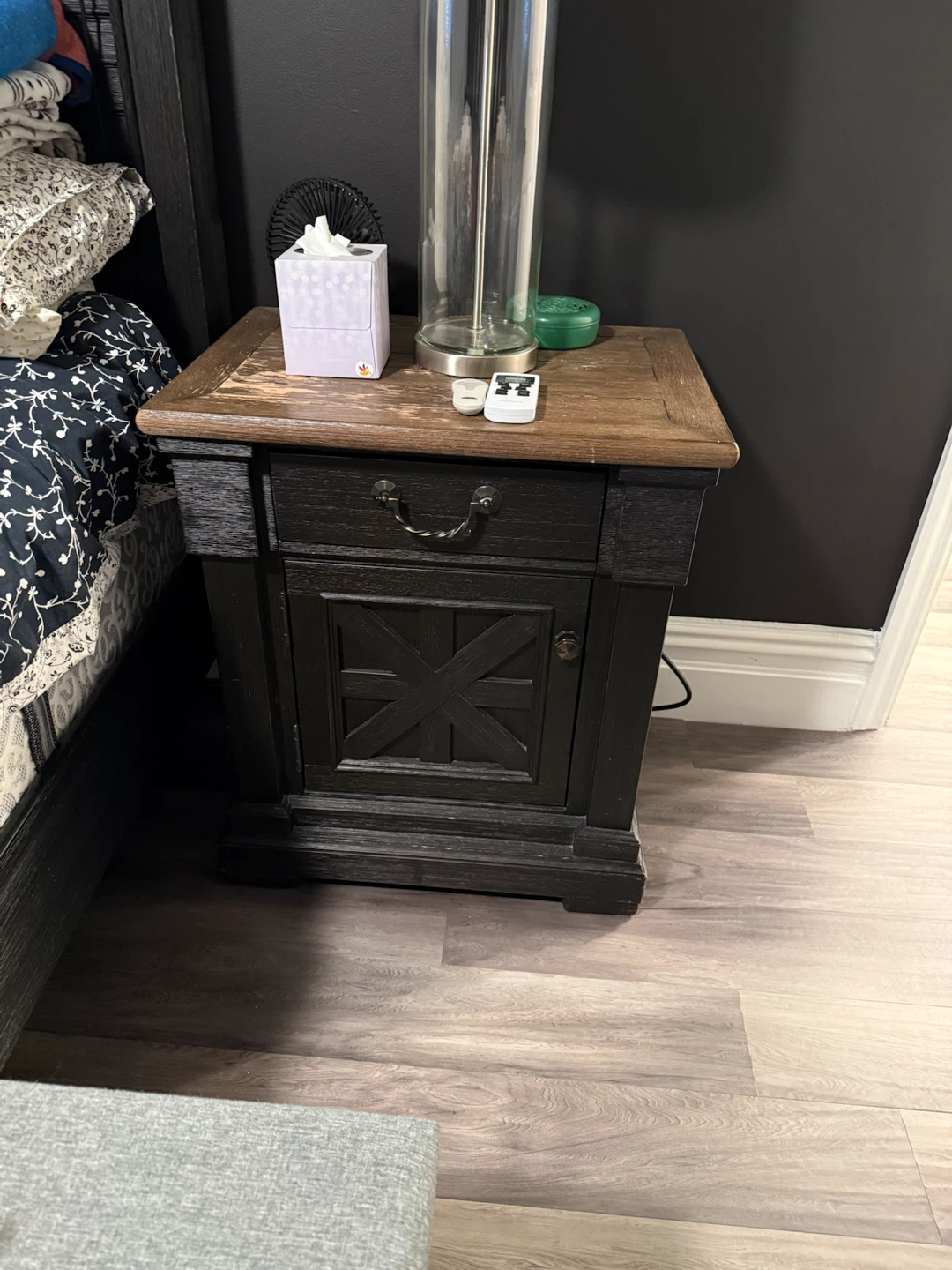 Black Wood Nightstand with Drawer and Cabinet - photo 3