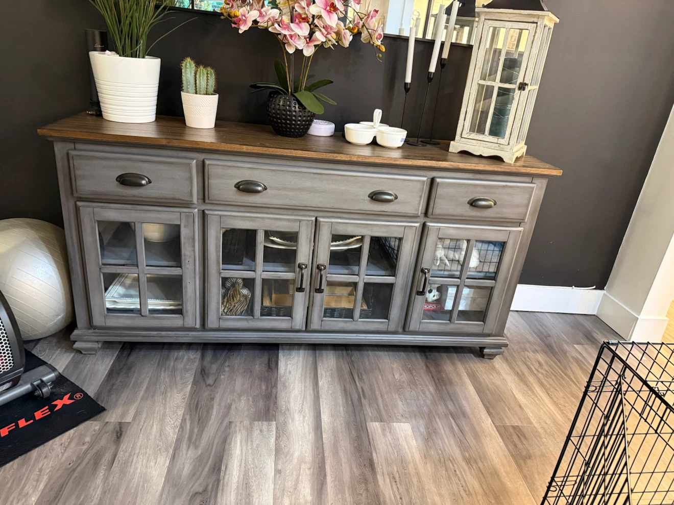Gray Farmhouse Buffet with Glass Doors and Drawers