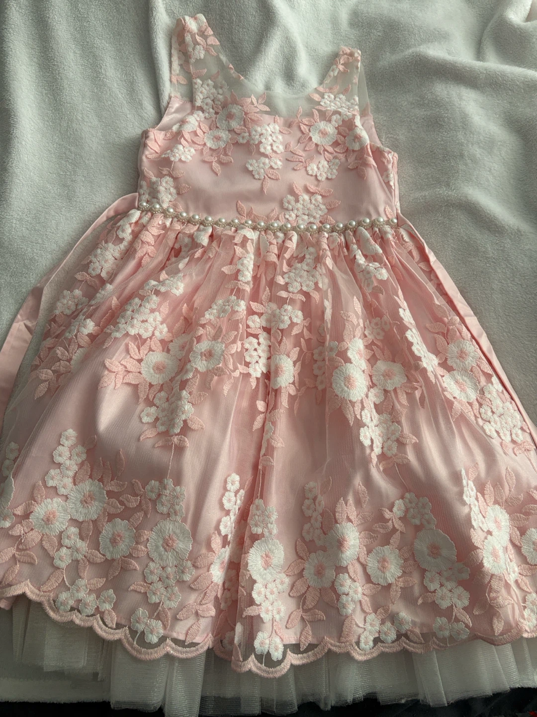 Pink floral dress with pearls