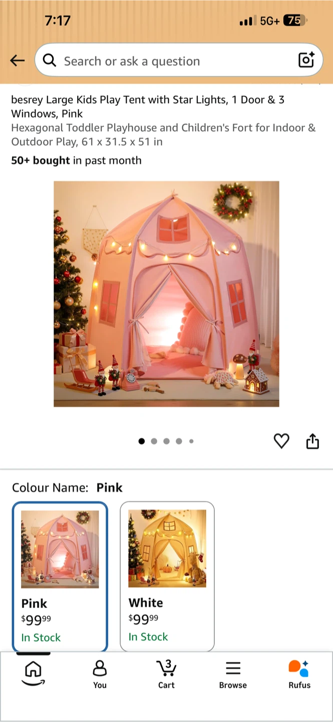 Besrey Large Kids Play Tent with Star Lights, Pink