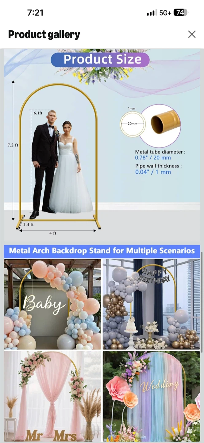 BNIB 7.2ft Gold Metal Arch Backdrop Stand - photo 3