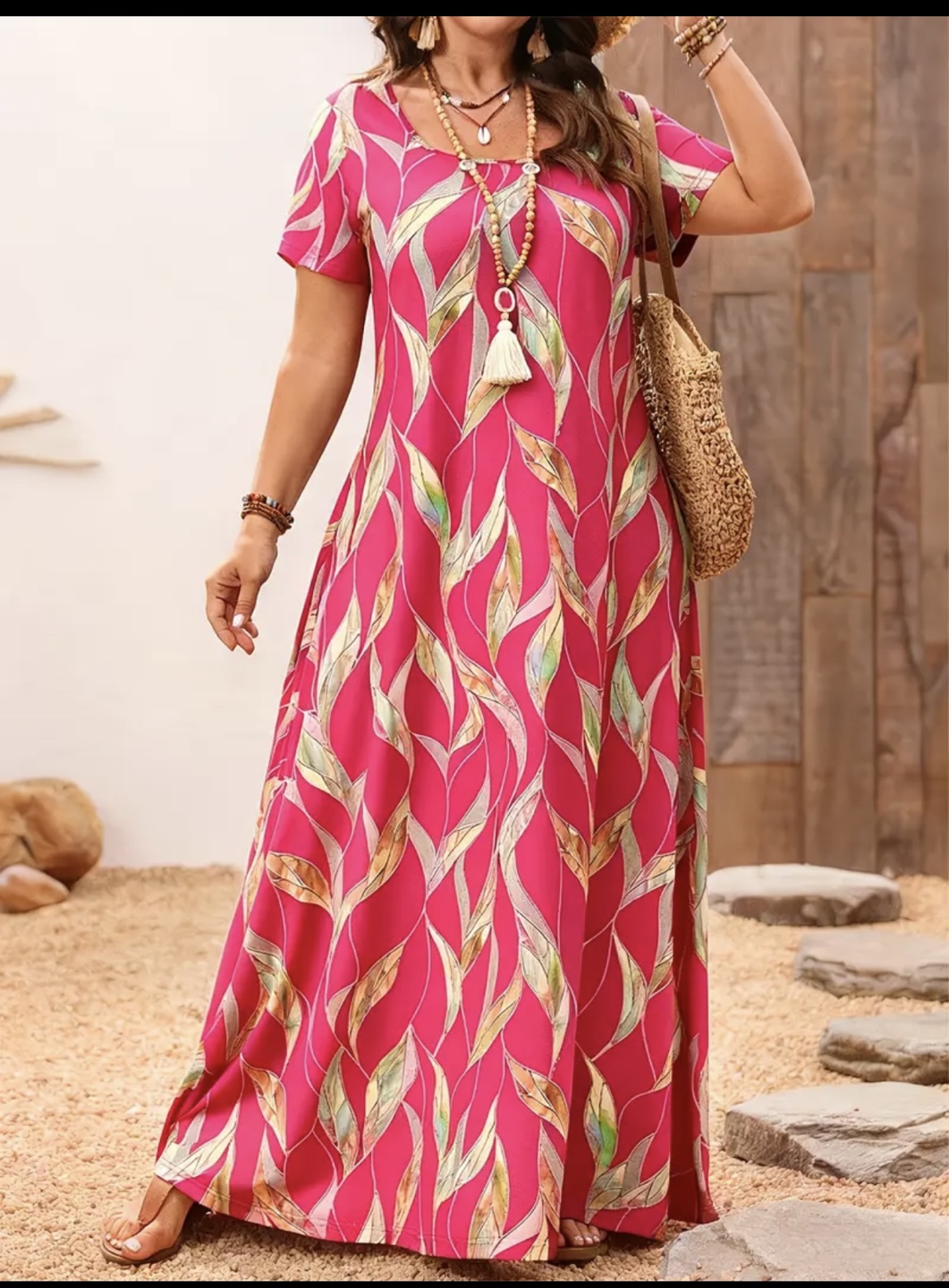 Women's Pink Leaf Print Maxi Dress 1xl