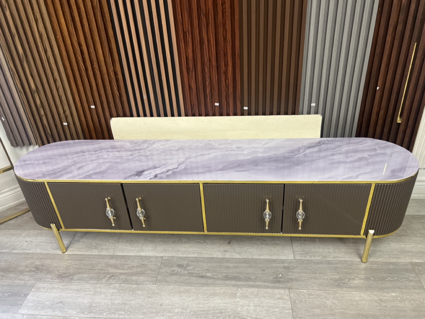 Oval TV Stand with Marble Top and Gold Accents