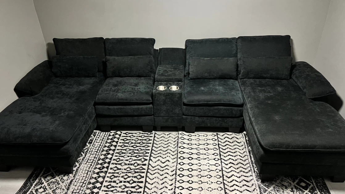 Large Sectional Sofa with Chaise and Cup Holders