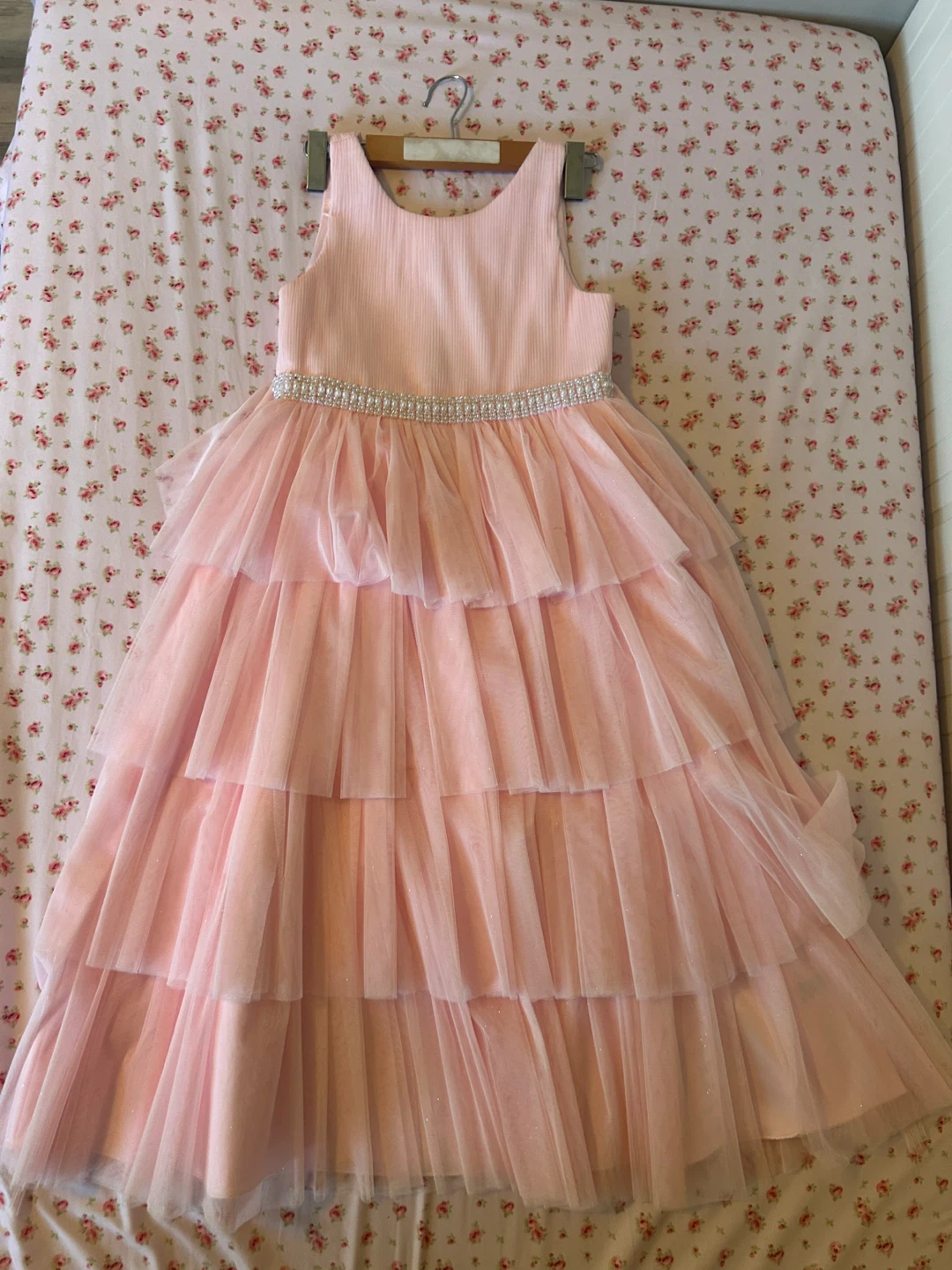 Pink Tiered Tulle Dress with Beaded Waist