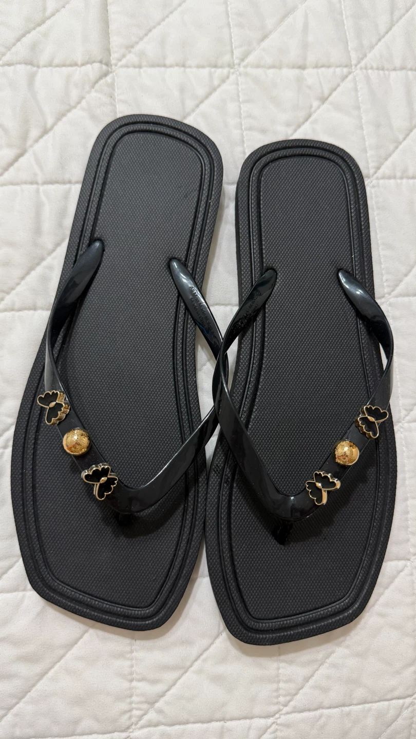 Black Flip Flops with Gold Accents
