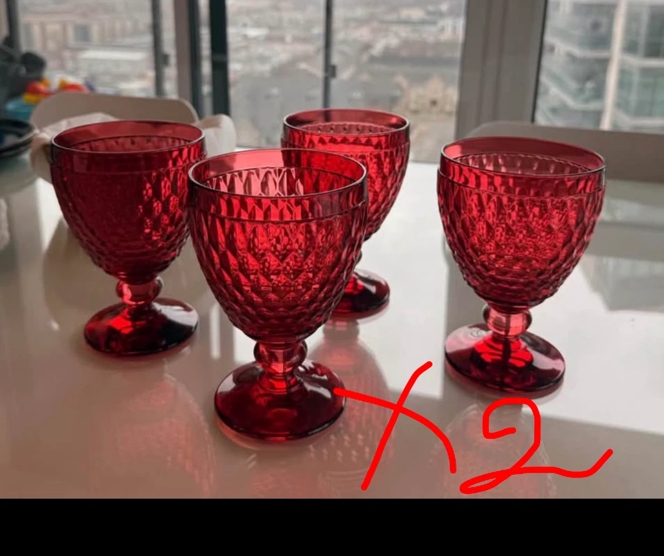 2 Sets of 4 Red Glass Goblets villeroy and boch