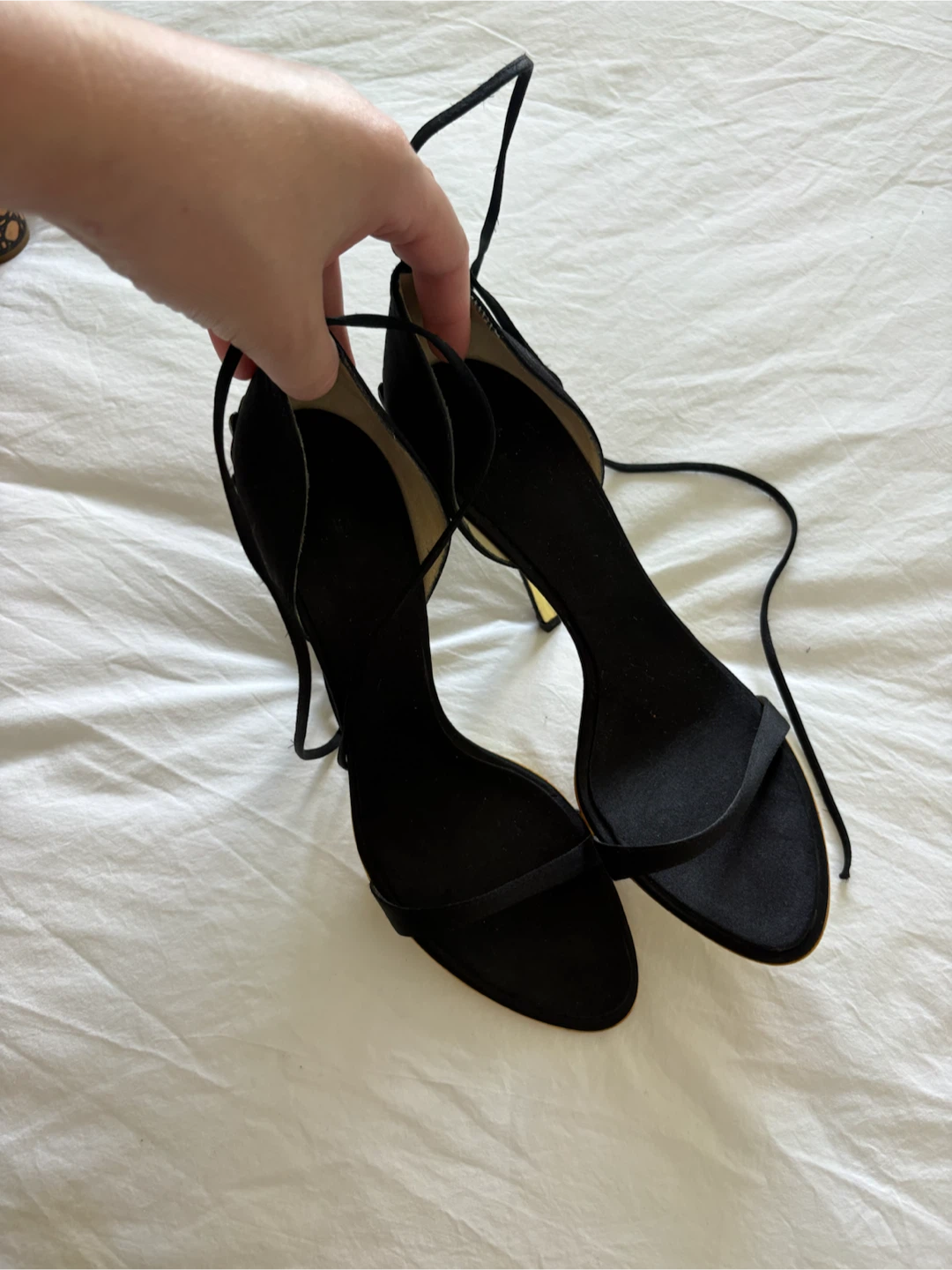 Black Satin Lace-Up Heels with Ornate Gold Detail