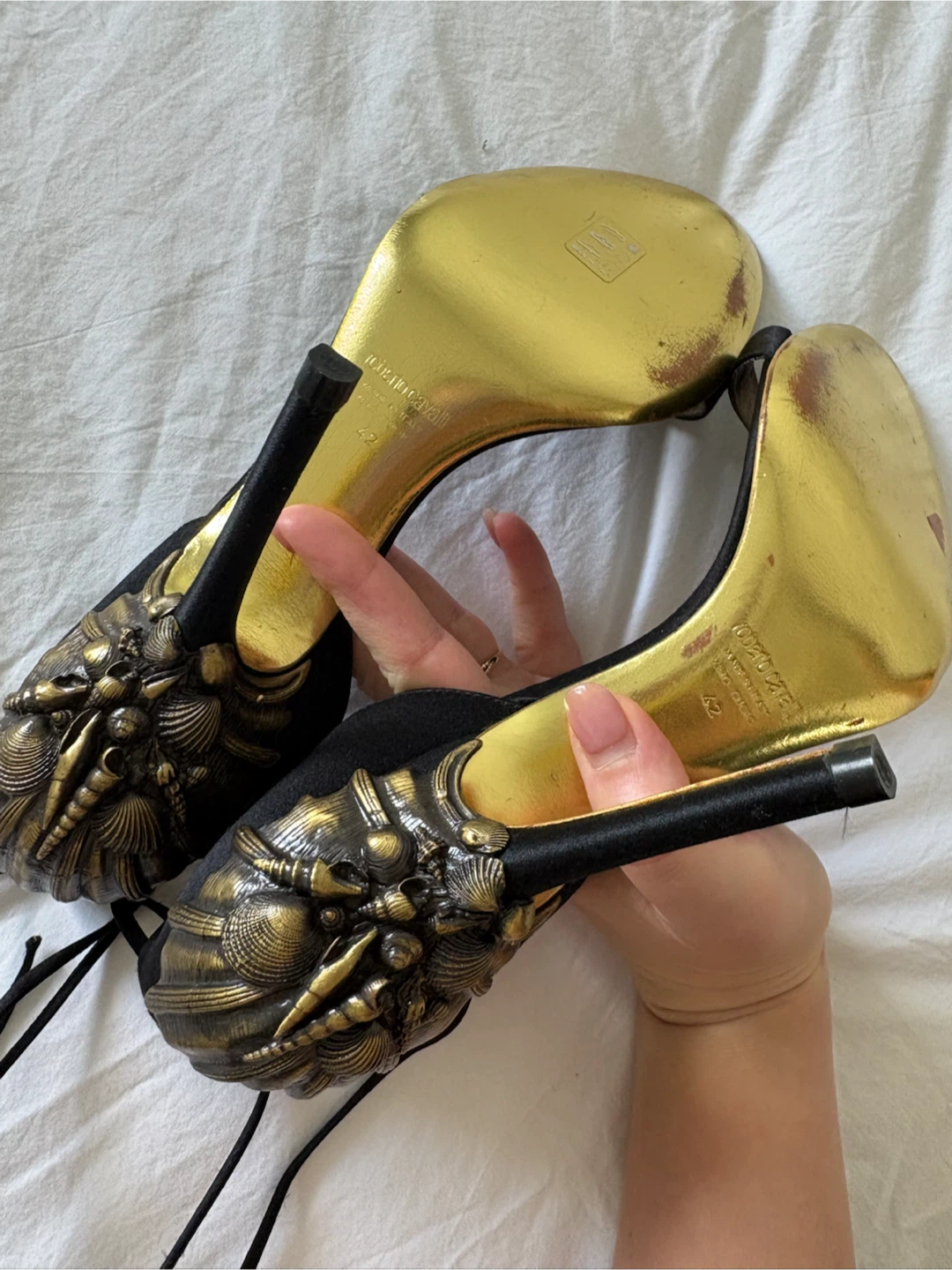 Black Satin Lace-Up Heels with Ornate Gold Detail - photo 3