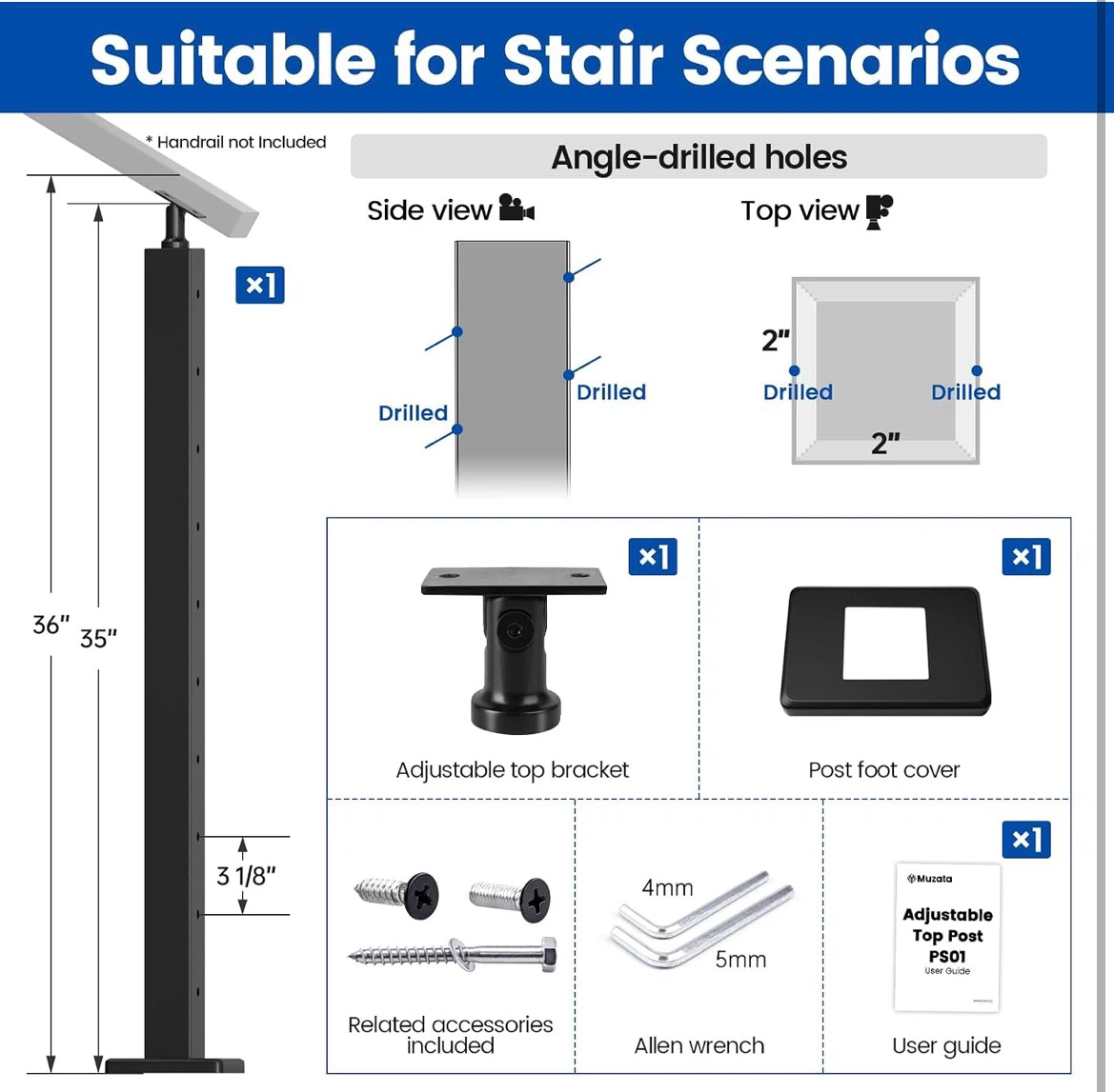 Muzata Adjustable Stair Post PS01 Black - photo 2
