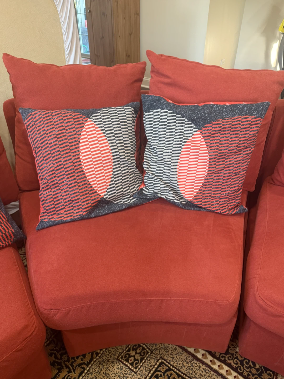 Semi circle Rust color fabric sofa with ottoman and cushions - photo 2