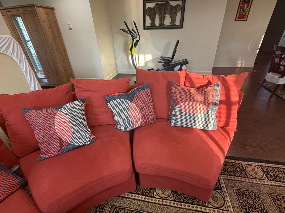 Semi circle Rust color fabric sofa with ottoman and cushions - photo 3