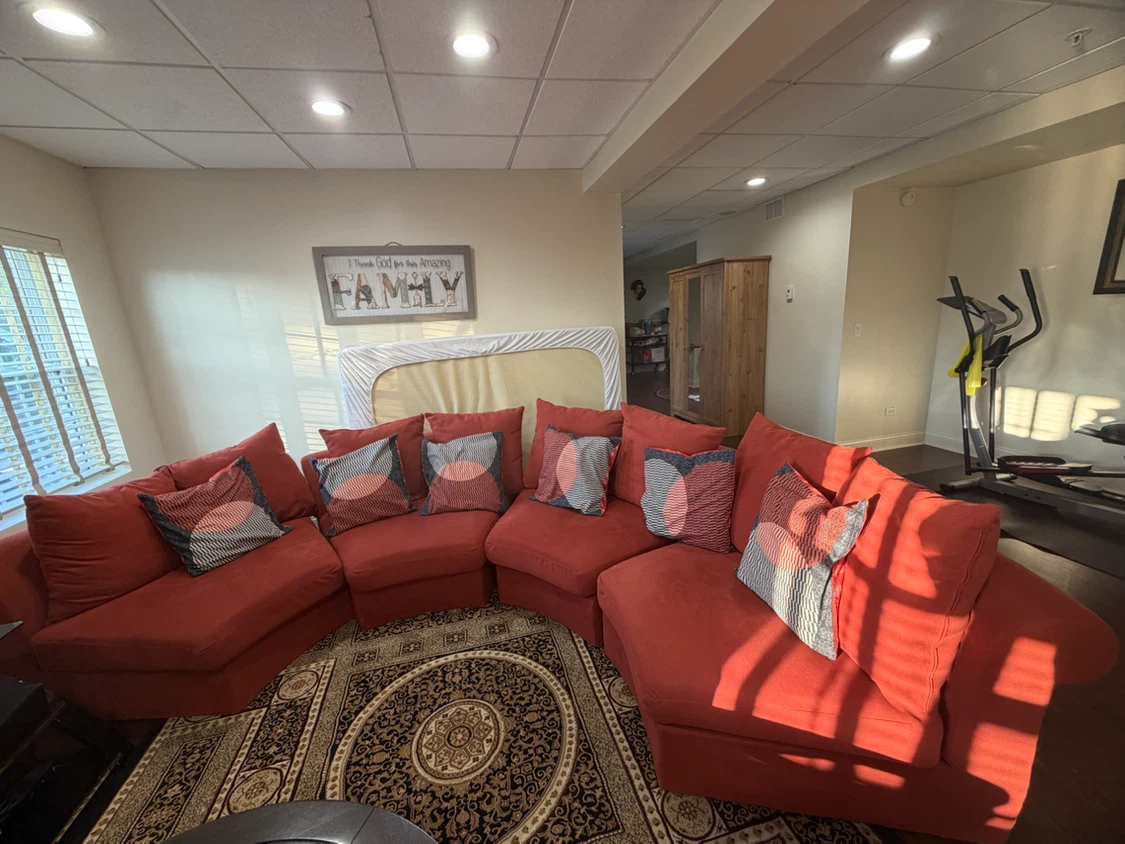 Semi circle Rust color fabric sofa with ottoman and cushions - photo 4