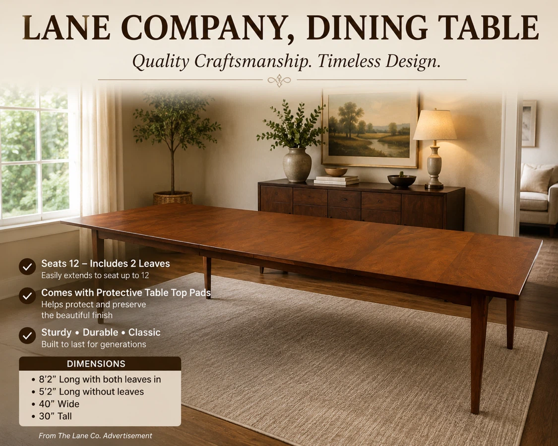 VINTAGE LANE DINING TABLE • 2 ORIGINAL LEAVES + TABLE PADS