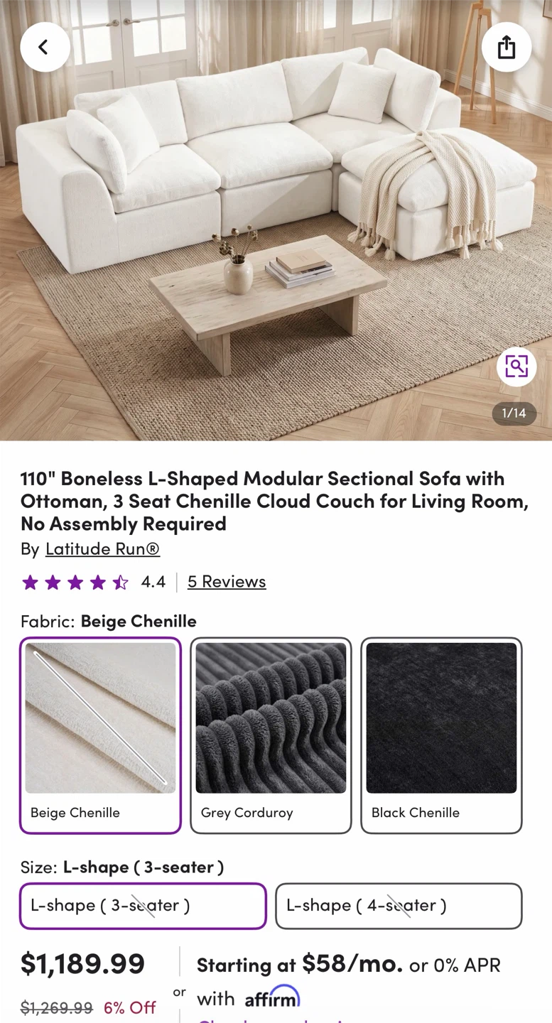110" Boneless L-Shaped Modular Sectional Sofa - photo 3