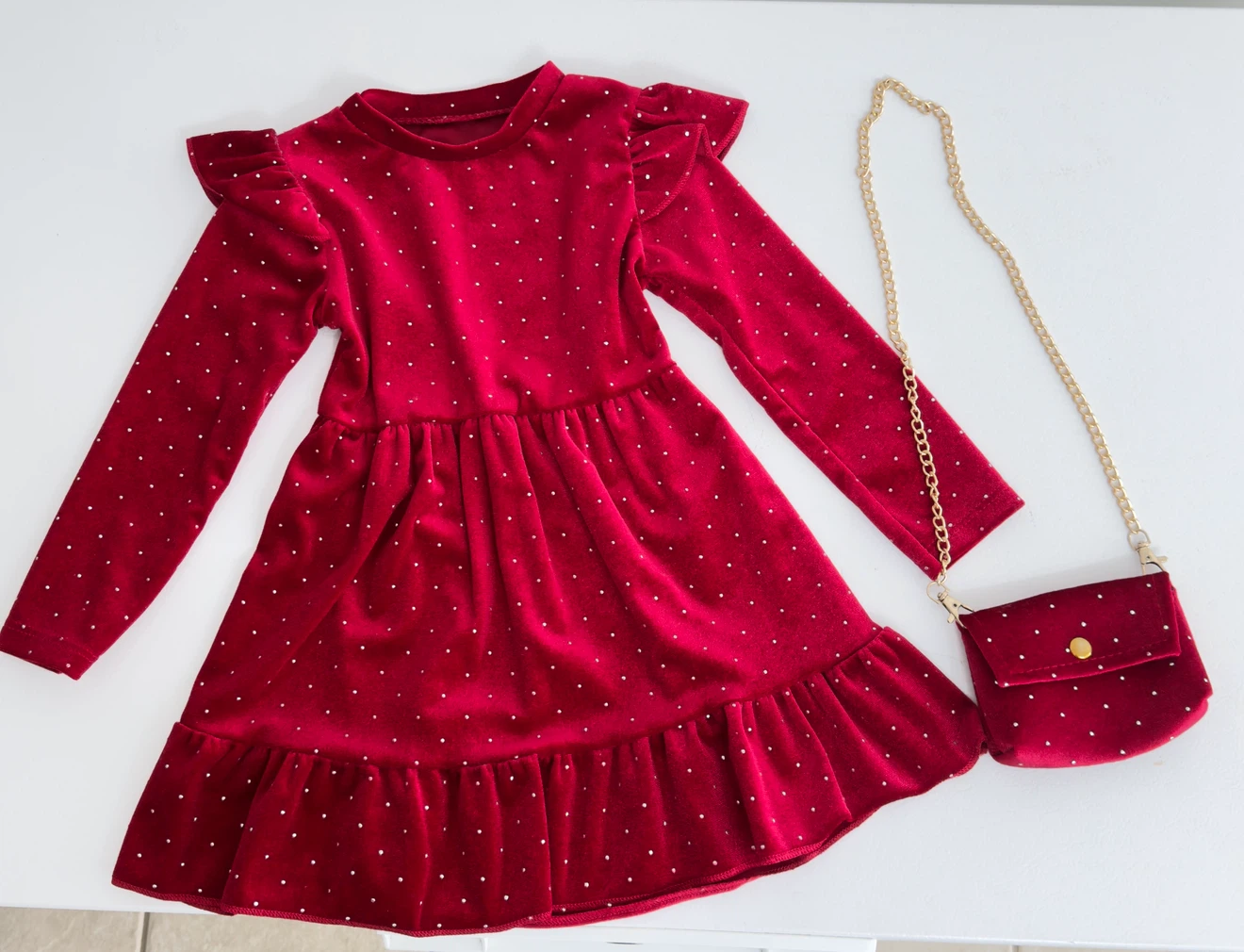 Kids Red Velvet Dress with Matching Purse