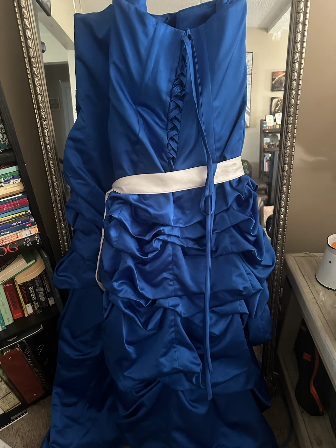 Blue Strapless Gown with White Sash