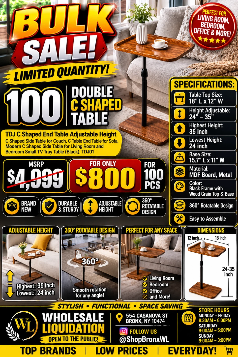 TDJ C Shaped End Table Adjustable Height - Black/Wood Grain