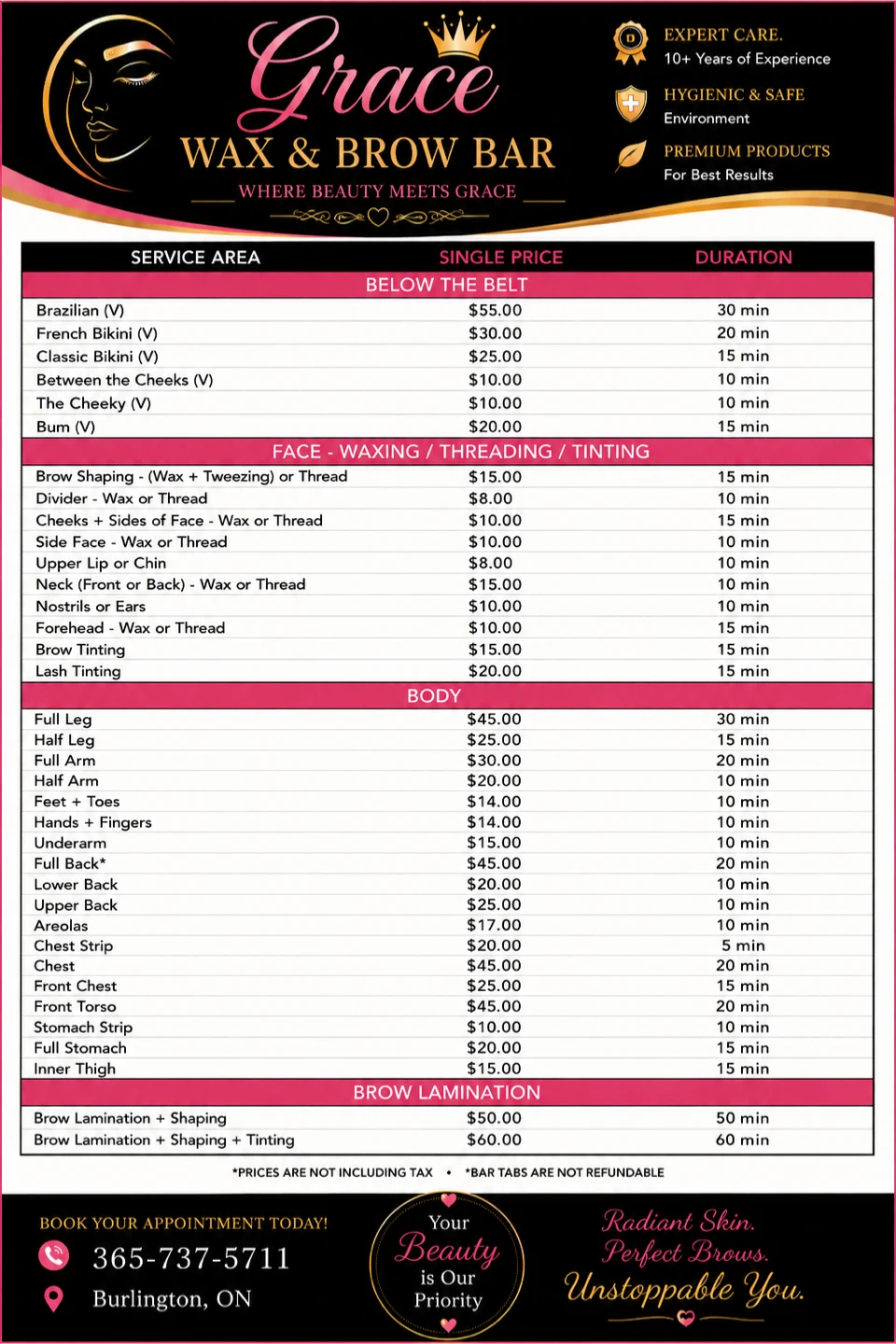 Grace Wax & Brow Bar Service Menu