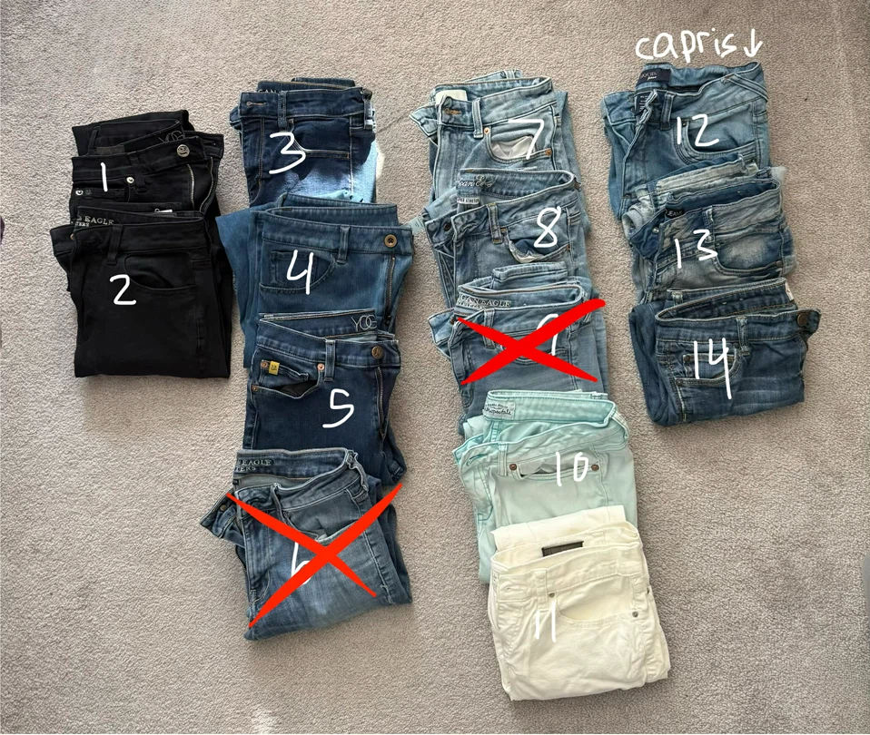 Jeans and Capris. Women’s, small, various brands