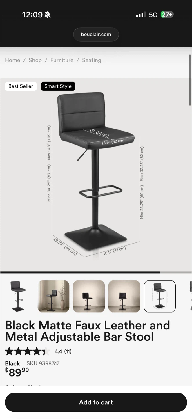 Black Matte Faux Leather and Metal Adjustable Bar Stools (3) - photo 4