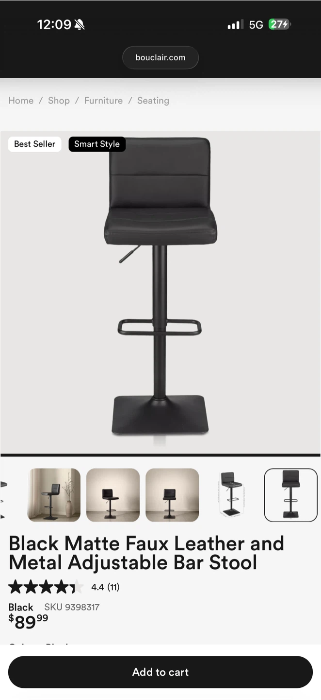 Black Matte Faux Leather and Metal Adjustable Bar Stools (3) - photo 5