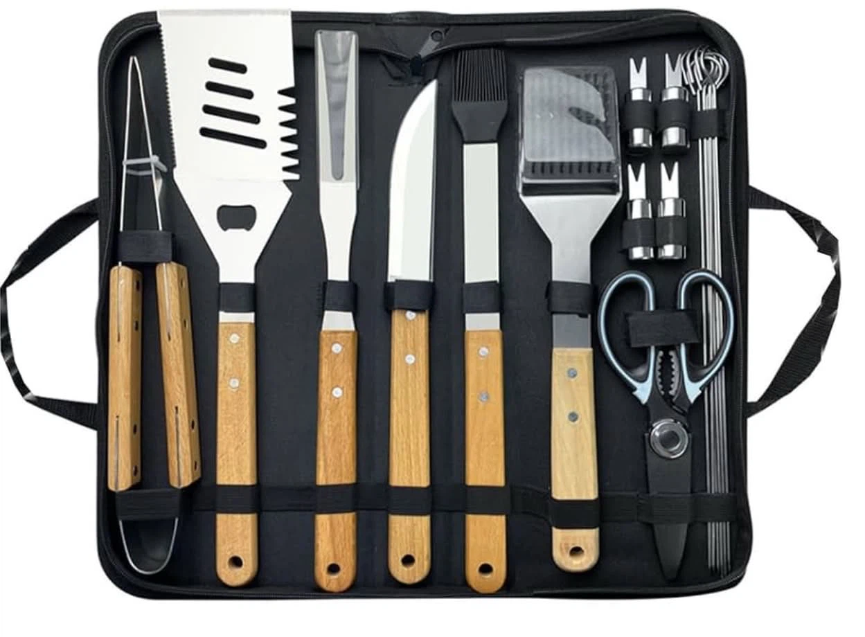18-piece Stainless Steel BBQ Grill Tool Set with Wooden Handles