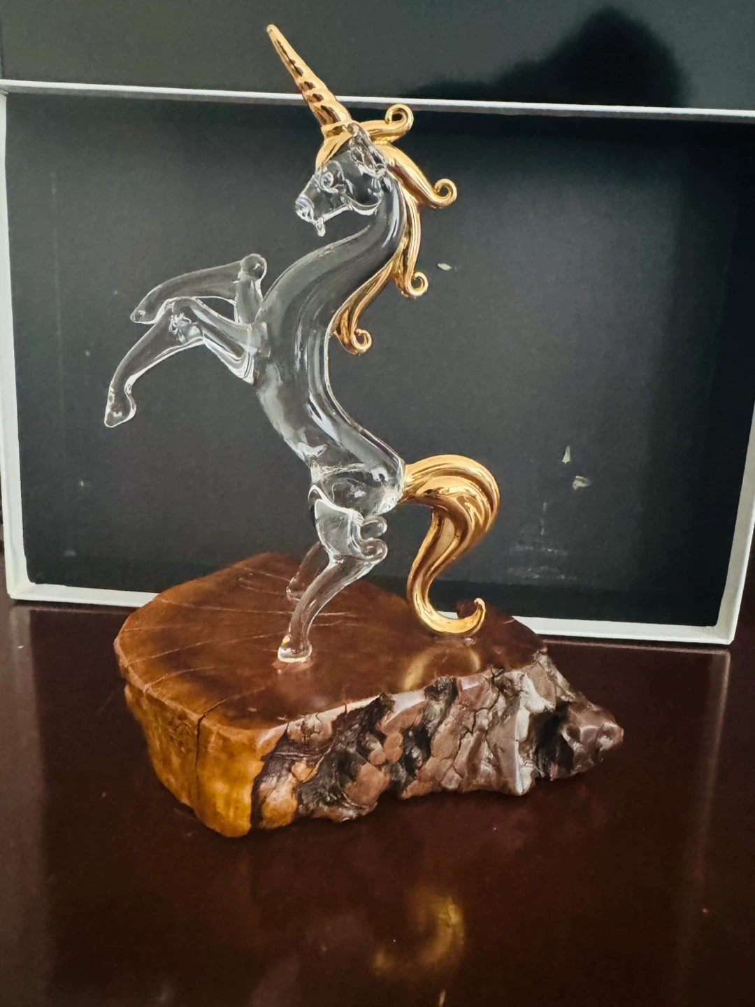 Glass Unicorn Figurine with Gold Accents on Wood Base