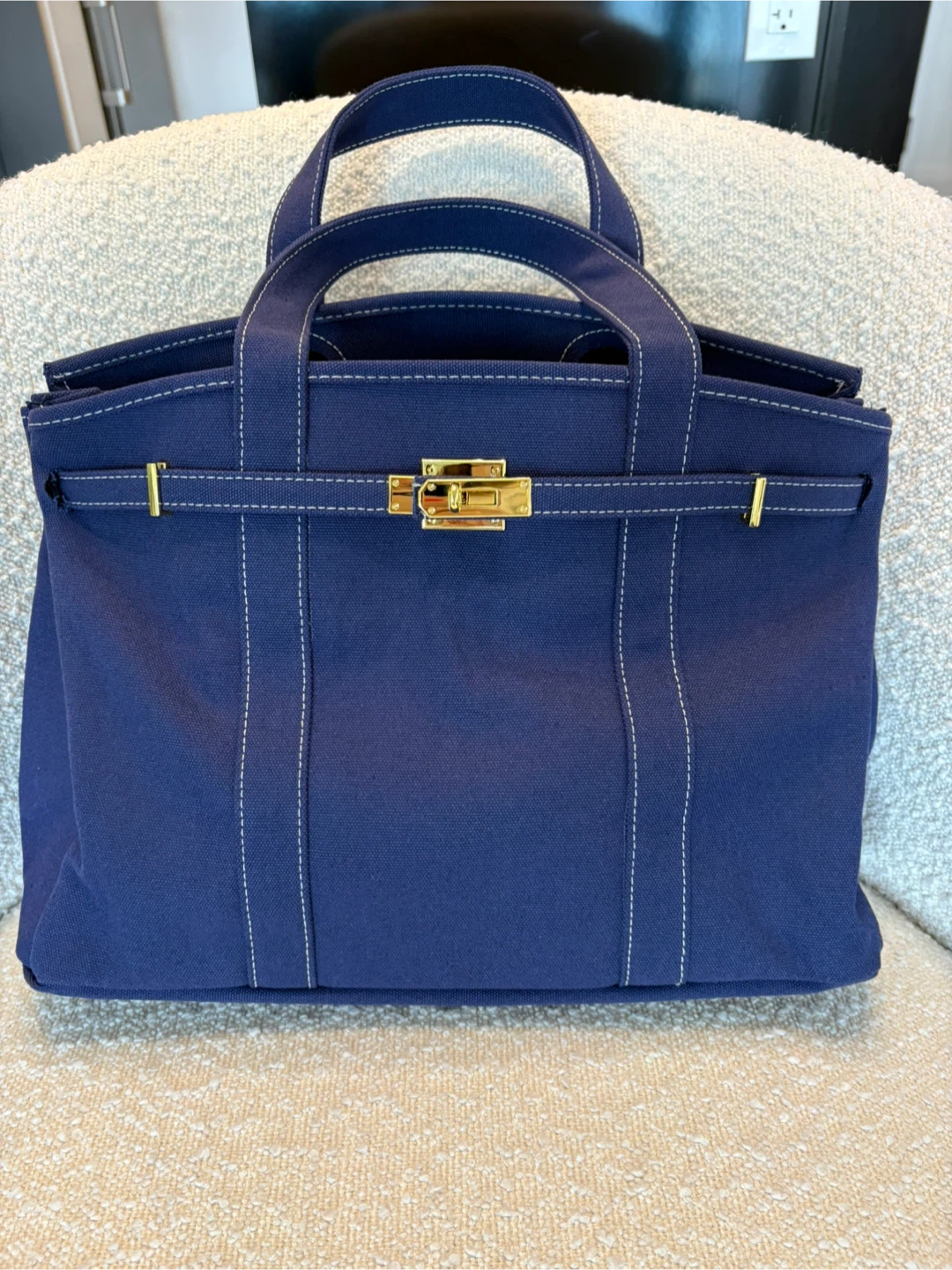 Navy Blue Canvas Tote Bag with Gold Hardware