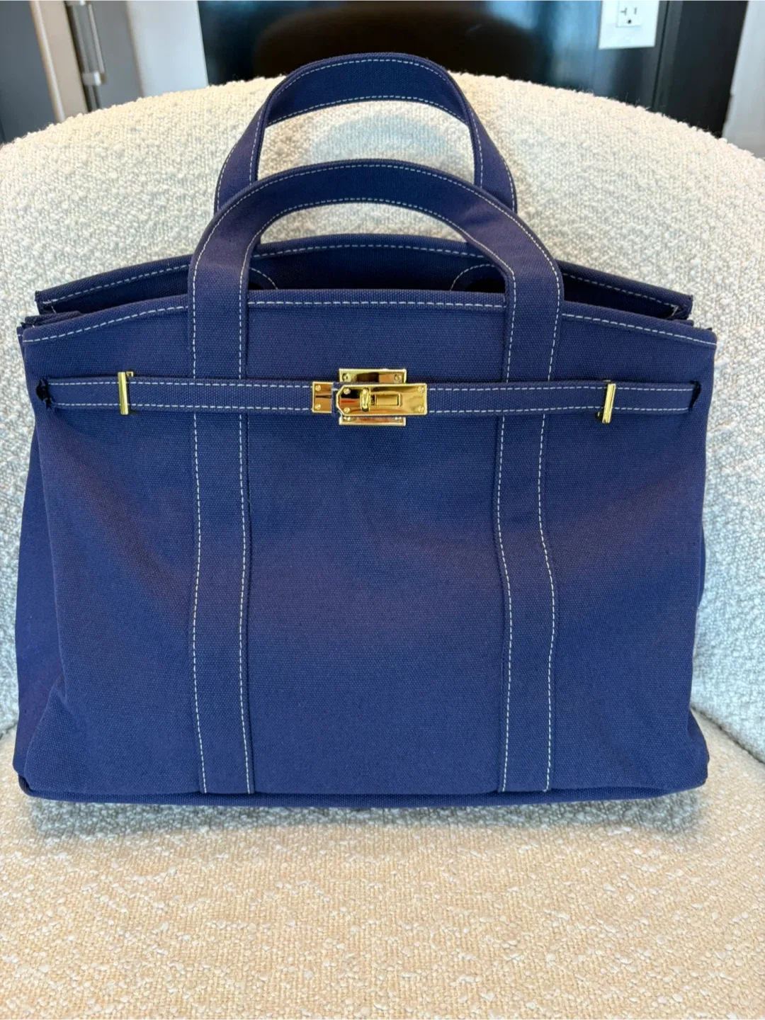 Navy Blue Canvas Tote Bag with Gold Hardware
