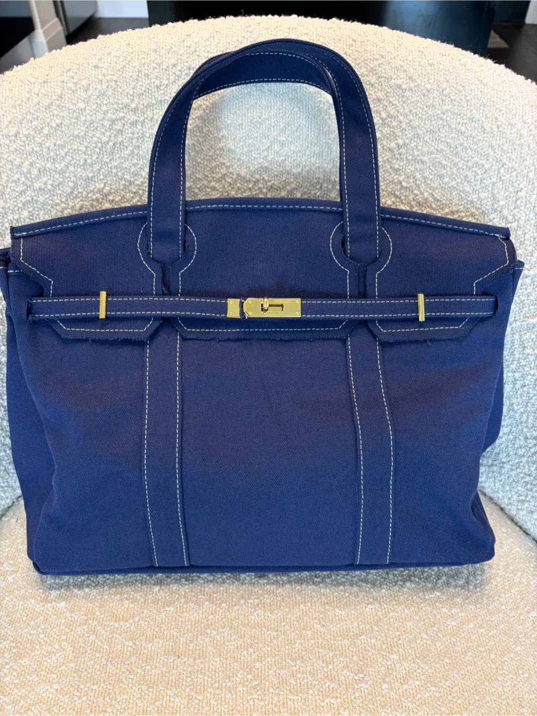 Navy Blue Canvas Tote Bag with Gold Hardware - photo 3