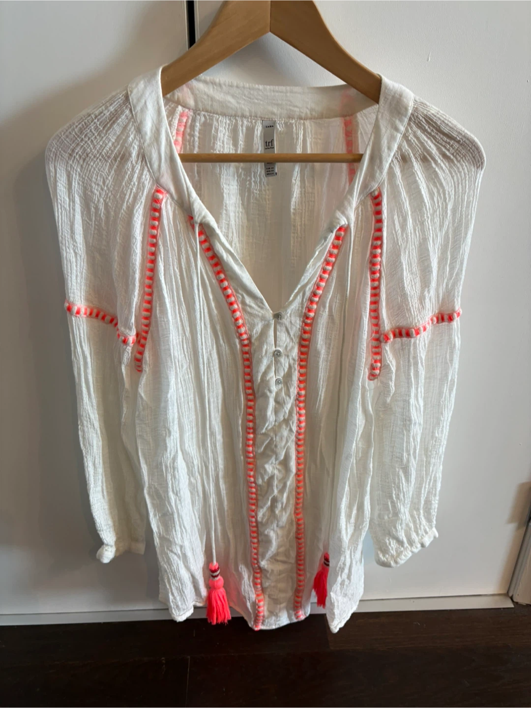 Zara TRF COLLECTION RARE White Tunic Neon Pink Tassels size XS
