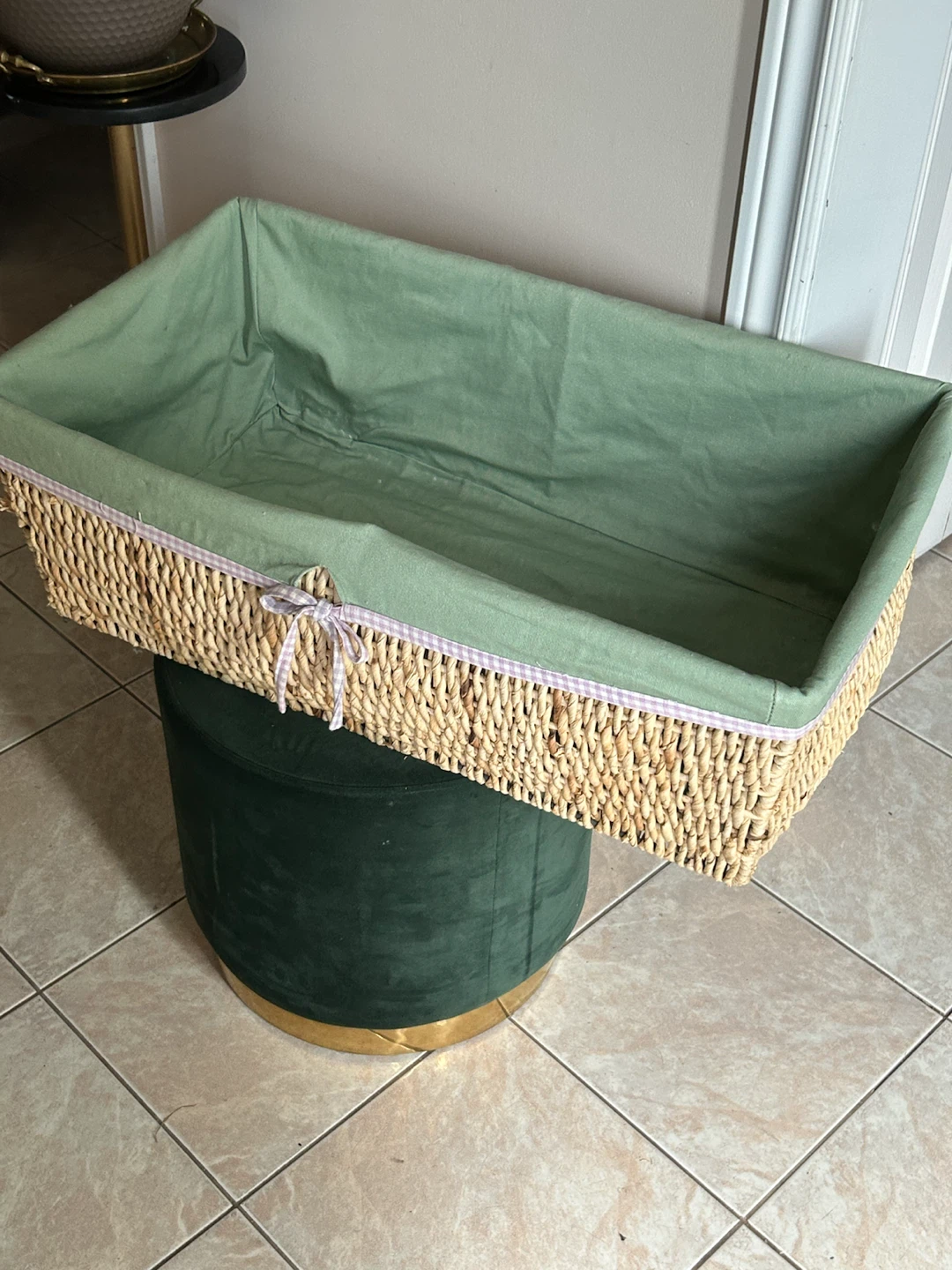 Wicker Storage Basket with Green Liner( L-27”)