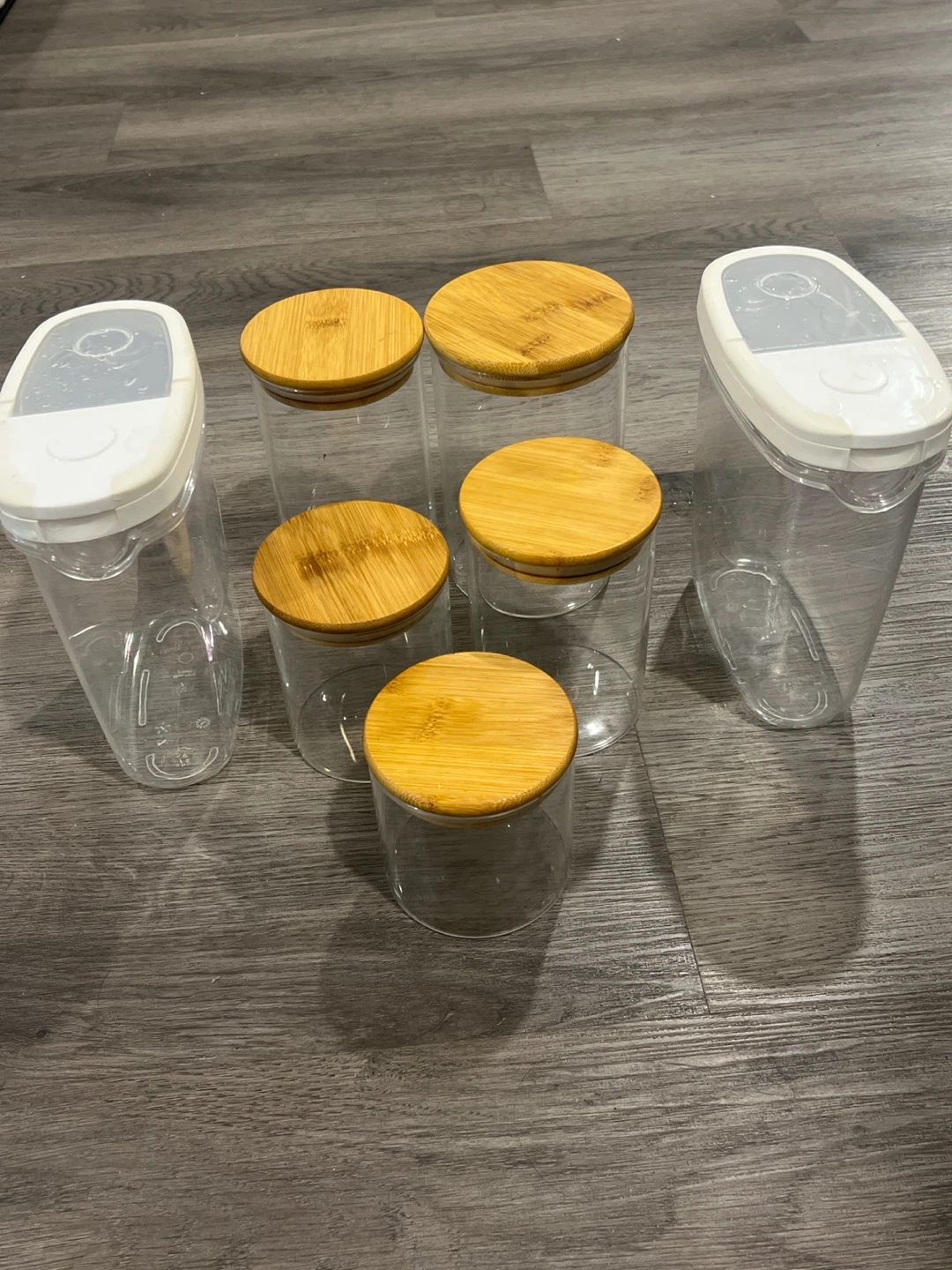 5 glass & bamboo jars and 2 ikea plastic containers